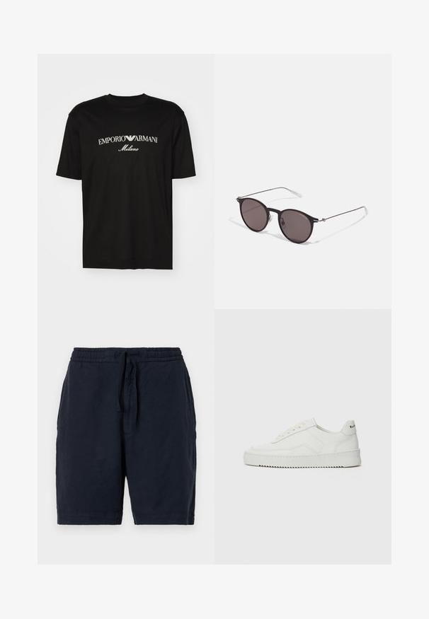 Melnā kokvilnas T-kreklu ar apaļu kakla izgriezumu, īsām piedurknēm un balto "EMPORIO ARMANI" logotipu virs vārda "Milano" izliektā dizainā.; Jūras zila linu šorti ar elastīgu jostu un auklu, ar brīvu piegriezumu un nedaudz teksturētu virsmu.; Baltas ādas sneakers ar gludu virsmu, apaļu pirkstu daļu, plakaniem šņorēm un teksturētu zoli. Satur diskrētu logotipu uz papēža.; Melni apaļi saulesbrilles ar tumšiem lēca un plānām metāla stangām. Iekļautas caurspīdīgas tempļu galviņas un sudraba akcenti pie eņģes. Minimalistisks dizains.