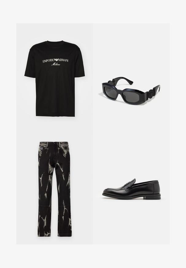 Black cotton T-shirt featuring a round neckline, short sleeves, and "EMPORIO ARMANI" logo in white above "Milano" in a curved design.; Black denim pants with a tie-dye effect in white. Features a clearly defined waistband, belt loops, and five pockets. Straight leg design.; Black leather loafers with a smooth texture, rounded toe, and a decorative strap across the vamp. Low stacked heel, minimalist design.; Black sunglasses with a wide, angular frame and dark tinted lenses. Features textured black sides and a round logo accent on the temple.