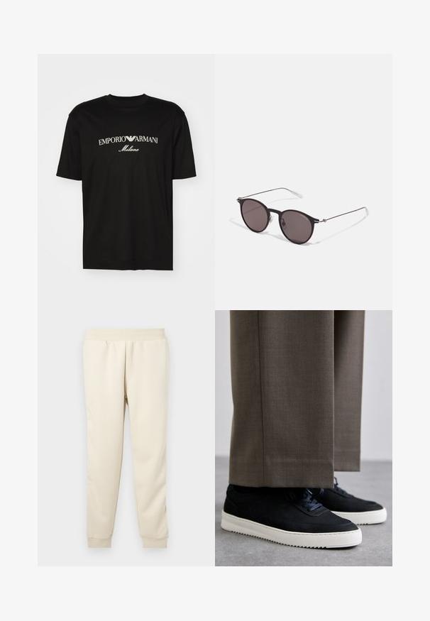 Črna bombažna majica s krožnim izrezom, kratkimi rokavi in logotipom "EMPORIO ARMANI" v beli barvi nad napisom "Milano" v ukrivljenem oblikovanju.; Svetlo bež hlače za prosti čas, izdelane iz mehkega materiala, oblikovane s zoženim krojem, elastičnim pasom in manšetami na gležnjih. Brez vidnih vzorcev ali dodatkov.; Črne nubuk teniske z belimi gumijastimi podplati, ki imajo zaobljen nos in vezalke, oblečene z sivimi krojenimi hlačami.; Črne okrogla sončna očala s temnimi lečami in tankimi kovinskimi ročaji. Vključujejo prosojne konec ročajev in srebrne poudarke na tečaju. Minimalističen dizajn.