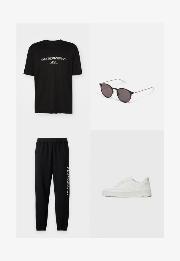 Zwarte katoenen T-shirt met een ronde halslijn, korte mouwen en het "EMPORIO ARMANI" logo in het wit boven "Milano" in een gebogen ontwerp.; Zwarte sweatpants met een elastische tailleband, taps toelopende enkels en witte "No Problemo" tekst gedrukt op het linkerpant. Zacht katoenen materiaal.; Witte leren sneaker met een gladde afwerking, ronde neus, platte veters en een gestructureerde zool. Kenmerkt zich door een subtiel logo op de hiel.; Zwarte ronde zonnebril met donkere lenzen en slanke metalen armen. Inclusief heldere tempelpunten en zilveren accenten bij de scharnier. Minimalistisch ontwerp.