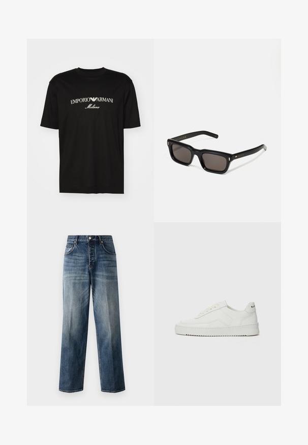 Black cotton T-shirt featuring a round neckline, short sleeves, and "EMPORIO ARMANI" logo in white above "Milano" in a curved design.; Emporio Armani Relaxed fit jeans - denim blu; White leather sneaker with a smooth finish, round toe, flat laces, and a textured sole. Features a subtle logo on the heel.; Black rectangular sunglasses with dark lenses, thick plastic frame, gold accents on temples, and brand logo engraved on the arm.