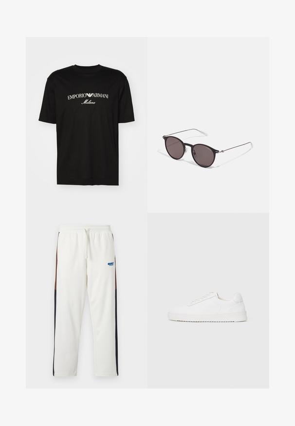Svart bomulls T-skjorte med rund hals, korte ermer og "EMPORIO ARMANI" logo i hvitt over "Milano" i en buet design.; Hvite sweatpants med snøring i livet, med brune og marineblå sidelapper. Myk stoff med en blå logo på venstre lår.; Hvit sneaker med en glatt skinnoverdel, avrundet tå, snøring, teksturerte sideakenter og en tykkgummisåle. Minimalistisk design.; Sorte, runde solbriller med mørke linser og slanke metalarmer. Inkluderer klare temple tips og sølvfargede detaljer ved hengslet. Minimalistisk design.