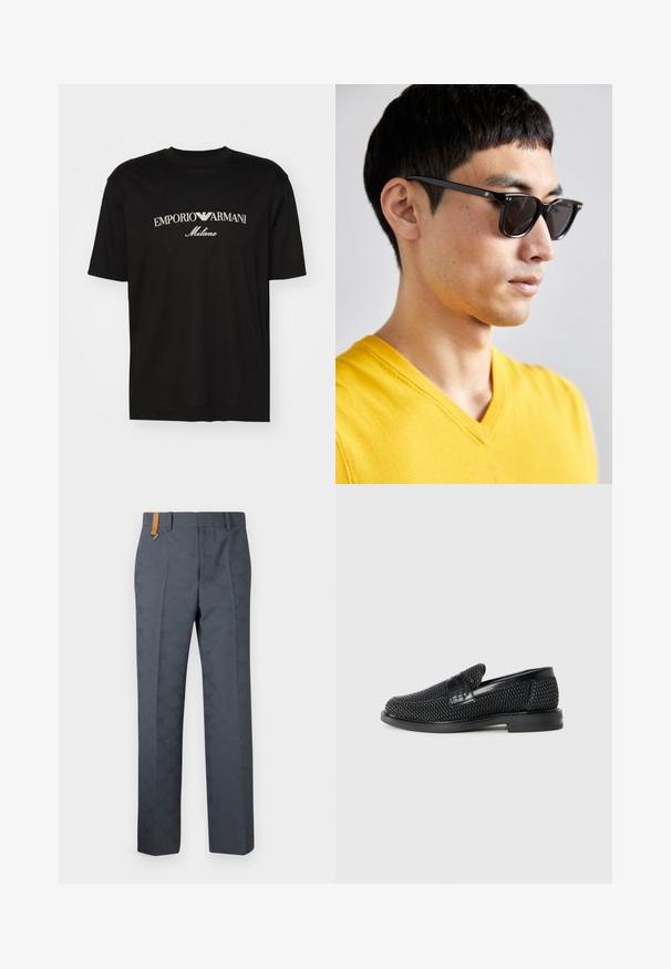 Sort bomulds T-shirt med rund halsudskæring, korte ærmer og "EMPORIO ARMANI" logo i hvid over "Milano" i et buet design.; Grå mønstrede bukser med en glat tekstur, der har flad-front og et brunt læderdetalje på linningen. Skræddersyet pasform med lige ben.; Sort vævet slip-on sko med en glat læderdetalje på overdelen, en rund tådesign og en lavprofil gummisål.; Solbriller med sorte stel og mørke linser. Bemærkelsesværdige detaljer omfatter små guldfarvede accenter på hængslerne og en rektangulær form.