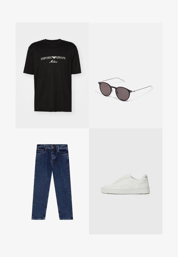 Tricou negru din bumbac cu guler rotund, mâneci scurte și logo-ul "EMPORIO ARMANI" în alb deasupra cuvântului "Milano" într-un design curbat.; Scalpers Blugi slim fit - blue denim; Sneakers din piele albă cu un finisaj neted, vârf rotund, șireturi plate și o talpă texturată. Prezintă un logo subtil pe călcâi.; Ochelari de soare negri rotunzi cu lentile întunecate și brațe metalice subțiri. Include vârfuri transparente pentru brate și accente argintii la balama. Design minimalist.
