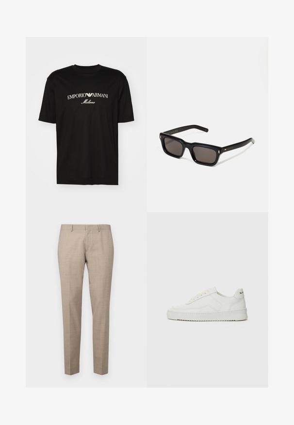 Czarny bawełniany T-shirt z okrągłym dekoltem, krótkimi rękawami oraz białym logo "EMPORIO ARMANI" nad napisem "Milano" w zakrzywionym kształcie.; Michael Kors - Spodnie materiałowe; Białe skórzane sneakersy o gładkim wykończeniu, okrągłym nosku, płaskich sznurówkach i teksturowanej podeszwie. Charakteryzują się delikatnym logo na pięcie.; Czarne prostokątne okulary przeciwsłoneczne z ciemnymi soczewkami, grubą plastikową oprawą, złotymi akcentami na zausznikach oraz wygrawerowanym logo marki na ramieniu.