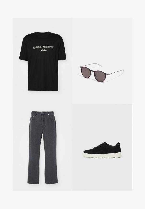 Černé bavlněné tričko s kulatým výstřihem, krátkými rukávy a logem "EMPORIO ARMANI" v bílém nad nápisem "Milano" v zakřiveném provedení.; Tmavě šedé denimové džíny se střihem rovného nohavice, pěticípou konfigurací kapes a kovovým zapínáním. Měkká textura a minimální detaily.; Černé semišové tenisky s krajkovým designem a kontrastní bílou gumovou podrážkou. Obsahují texturované boční panely a jemné branding na patě.; Černé kulaté sluneční brýle s tmavými skly a tenkými kovovými nohami. Obsahují průhledné koncovky nožiček a stříbrné akcenty na pantu. Minimalistický design.