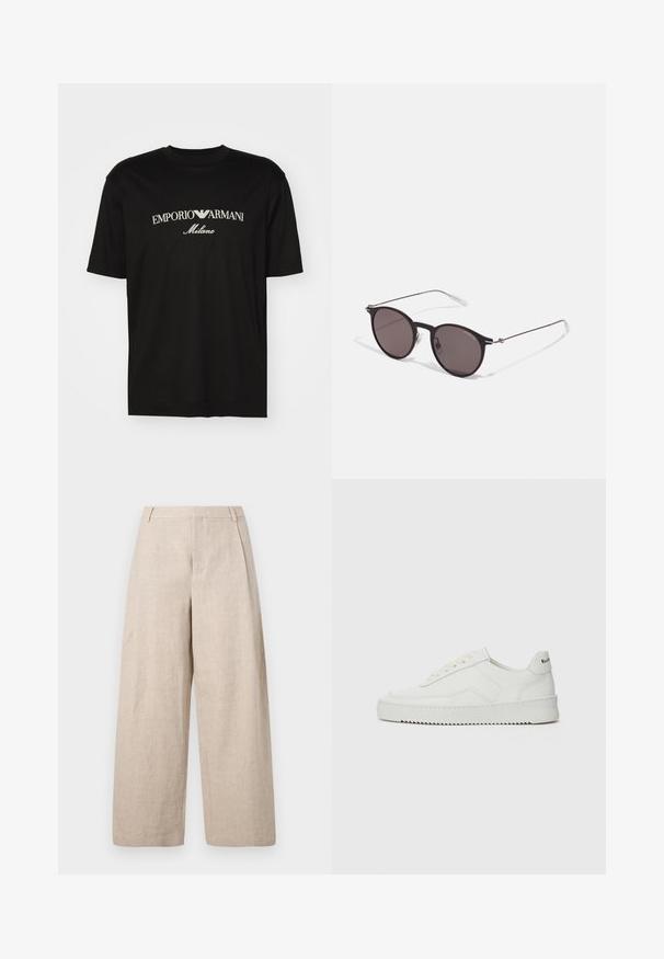 Black cotton T-shirt featuring a round neckline, short sleeves, and "EMPORIO ARMANI" logo in white above "Milano" in a curved design.; Holzweiler ALEX ONE PLEAT TROUSER - Trousers - ecru; White leather sneaker with a smooth finish, round toe, flat laces, and a textured sole. Features a subtle logo on the heel.; Black round sunglasses with dark lenses and slim metal arms. Includes clear temple tips and silver accents at the hinge. Minimalist design.