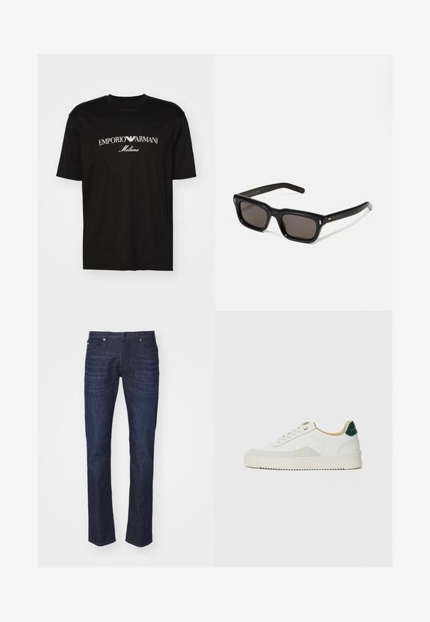 Svart bomull T-shirt med rund halsringning, korta ärmar och "EMPORIO ARMANI" logotyp i vitt ovanför "Milano" i en rundad design.; Emporio Armani Jeans slim fit - blue; Vit sneaker med mockadetaljer, rund tå, platta snören och en krämfärgad gummisula. Har grön branding på hälen.; Svarta rektangulära solglasögon med mörka linser, tjock plastbåge, guldfinish på skalmarna och varumärkeslogotyp graverad på armen.