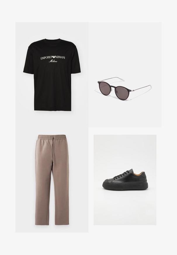 Czarny bawełniany T-shirt z okrągłym dekoltem, krótkimi rękawami oraz białym logo "EMPORIO ARMANI" nad napisem "Milano" w zakrzywionym kształcie.; Brązowe, średniej wysokości dresy wykonane z miękkiego materiału, z elastycznym pasem z sznurkiem, kieszeniami po bokach i prostymi nogawkami.; Czarne skórzane trampki z okrągłym noskiem, sznurowanym przodem, gładką teksturą, grubą gumową podeszwą i kontrastującym, tanowym wnętrzem.; Czarne okrągłe okulary przeciwsłoneczne z ciemnymi soczewkami i smukłymi metalowymi ramkami. Zawierają przezroczyste końcówki zauszników oraz srebrne akcenty przy zawiasie. Minimalistyczny design.