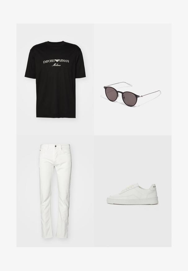 T-shirt de algodão preta com gola redonda, mangas curtas e o logo "EMPORIO ARMANI" em branco acima de "Milano" num design curvo.; Emporio Armani 5 POCKETS PANT - Calças de ganga justas - snow white; Sapatilha de couro branco com acabamento suave, bico redondo, atacadores planos e uma sola texturizada. Apresenta um logotipo discreto no calcanhar.; Óculos de sol redondos pretos com lentes escuras e hastes metálicas finas. Inclui pontas de templo transparentes e detalhes em prata na dobradiça. Design minimalista.
