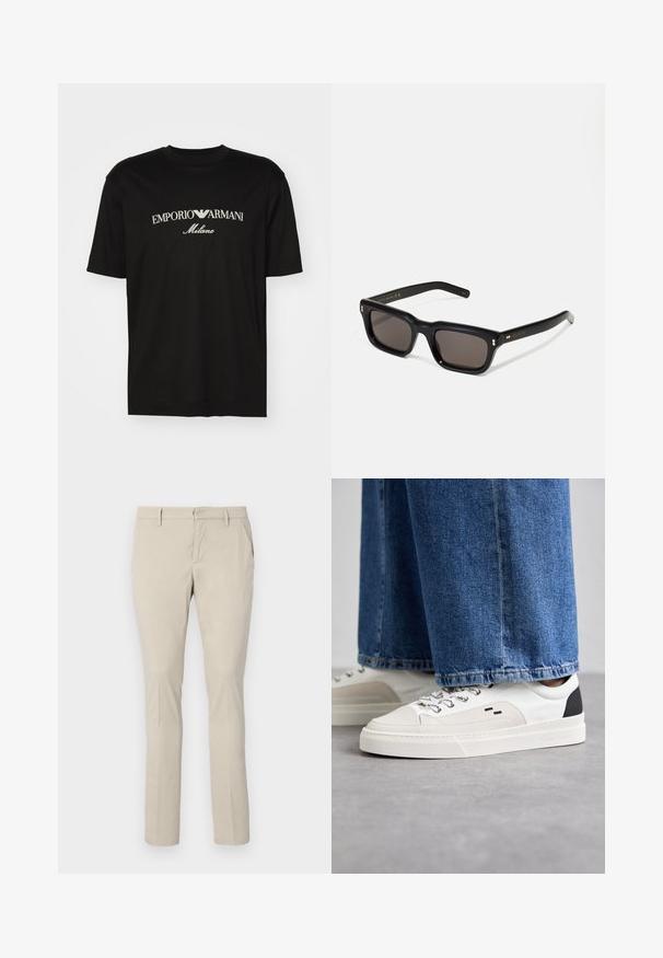 Čierne bavlnené tričko s okrúhlym výstrihom, krátkymi rukávmi a bielym logom "EMPORIO ARMANI" nad textom "Milano" v zakrivenej línii.; Béžové chino nohavice s rovný strih, so bočnými vreckami a hladkou textúrou látky. Žiadne viditeľné vzory ani kovové detaily.; Biele a čierne tenisky s hladkým koženým zvrškom, štruktúrovanými akcentmi a masívnou bielou podrážkou. Obsahujú klasický dizajn so šnurovaním.; Čierne obdĺžnikové slnečné okuliare s tmavými sklami, hrubým plastovým rámom, zlatými detailami na spánkoch a vygravírovaným logom značky na ramene.
