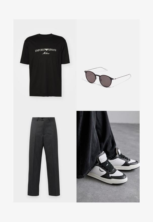 T-shirt de algodão preta com gola redonda, mangas curtas e o logo "EMPORIO ARMANI" em branco acima de "Milano" num design curvo.; Calças formais de cor cinza escuro, com pregas frontais, passadores para cinto e fecho de botão na cintura, exibidas contra um fundo branco simples.; Ténis de cano alto em preto e branco com um detalhe de renda texturizada preta, material em couro e sintético, apresentando um logótipo na lateral.; Óculos de sol redondos pretos com lentes escuras e hastes metálicas finas. Inclui pontas de templo transparentes e detalhes em prata na dobradiça. Design minimalista.