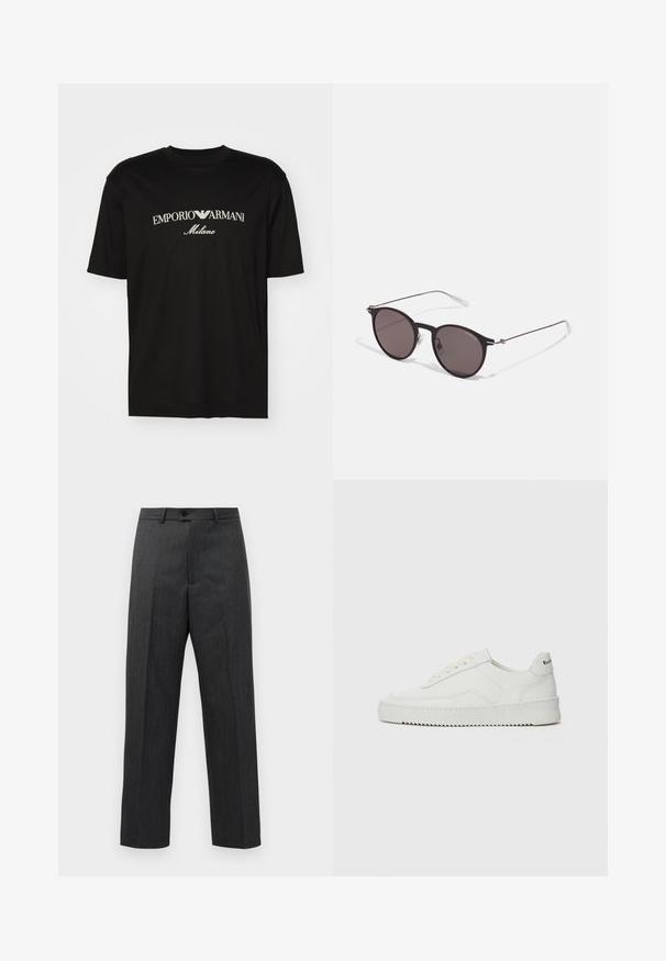 Czarny bawełniany T-shirt z okrągłym dekoltem, krótkimi rękawami oraz białym logo "EMPORIO ARMANI" nad napisem "Milano" w zakrzywionym kształcie.; Ciemnoszare formalne spodnie z zakładkami z przodu, z pętelkami na pasek i zapięciem na guzik w talii, wyeksponowane na jednolitym białym tle.; Białe skórzane sneakersy o gładkim wykończeniu, okrągłym nosku, płaskich sznurówkach i teksturowanej podeszwie. Charakteryzują się delikatnym logo na pięcie.; Czarne okrągłe okulary przeciwsłoneczne z ciemnymi soczewkami i smukłymi metalowymi ramkami. Zawierają przezroczyste końcówki zauszników oraz srebrne akcenty przy zawiasie. Minimalistyczny design.