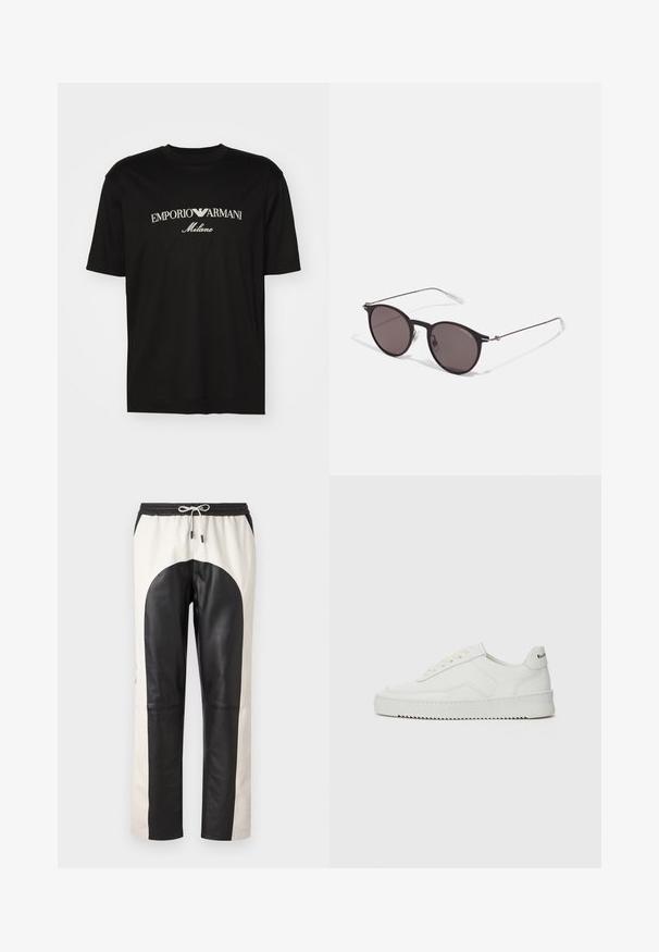 Juodas medvilninis marškinėliai su apvaliu iškirpu, trumpomis rankovėmis ir baltu "EMPORIO ARMANI" logotipu virš "Milano" kreivame dizaino.; Juodos ir grietinėlės spalvos kelnės su laisvu kirpimu, elastinga juosta su raišteliu bei odos ir audinio mišiniu.; Balti odiniai sportiniai bateliai su lygia apdaila, apvaliu pirštu, plokščiais raišteliais ir tekstūruotu padu. Pasižymi subtiliu logotipu ant kulno.; Juodos apvalios saulės akinių su tamsiais lęšiais ir plonomis metalinėmis šakomis. Įtraukti skaidrūs šventyklų galai ir sidabriniai akcentai vyrio srityje. Minimalistinis dizainas.