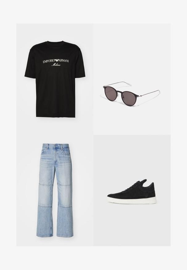 Black cotton T-shirt featuring a round neckline, short sleeves, and "EMPORIO ARMANI" logo in white above "Milano" in a curved design.; Light blue denim trousers with a wide-leg design, featuring contrasting panels and visible stitching. High-waisted with a button closure.; Black suede sneaker with a white rubber sole, featuring tonal stitching and lace-up design. Smooth texture with a modern, streamlined shape.; Black round sunglasses with dark lenses and slim metal arms. Includes clear temple tips and silver accents at the hinge. Minimalist design.