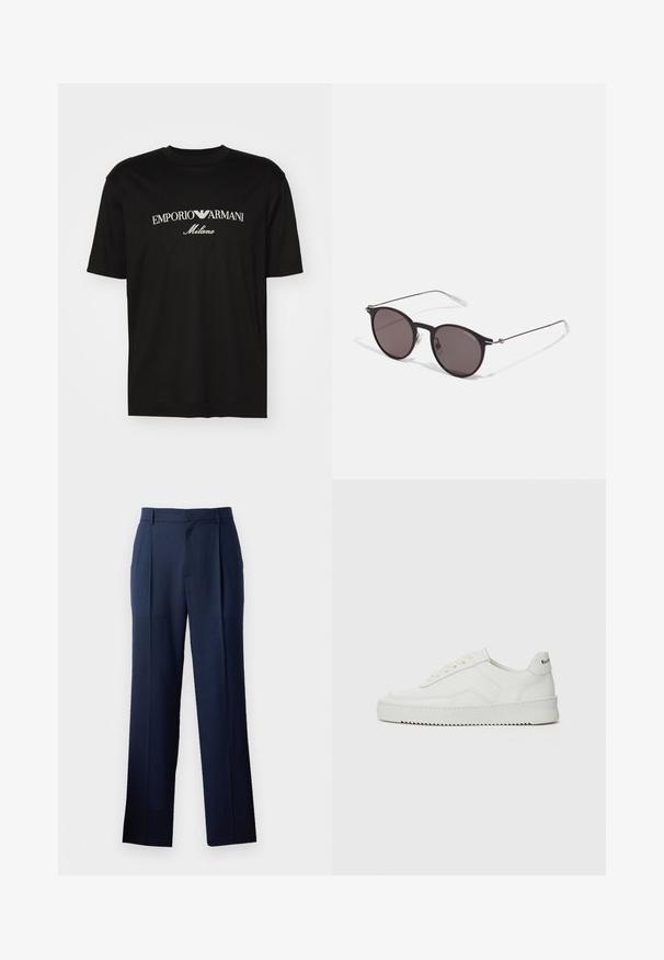 Musta puuvillapaita, jossa on pyöreä kaula-aukko, lyhyet hihat ja valkoinen "EMPORIO ARMANI" -logo, jonka yläpuolella on kaarevassa muodossa "Milano".; Tummansinisiä housuja, jotka on valmistettu sileästä kankaasta ja joissa on suora lahje. Housuissa on hienovarainen tekstuuri ja kaksi etutaitosta. Ei näkyviä taskuja.; Valkoinen nahkakenkä, jossa on sileä pinta, pyöreä kärki, tasaiset nauhat ja teksturoitu pohja. Sisältää huomaamattoman logon kantapäässä.; Musta pyöreä aurinkolasit tummilla linsseillä ja kapeilla metallikehyksillä. Sisältää kirkkaat temppelet ja hopeiset yksityiskohdat saranassa. Minimalistinen muotoilu.