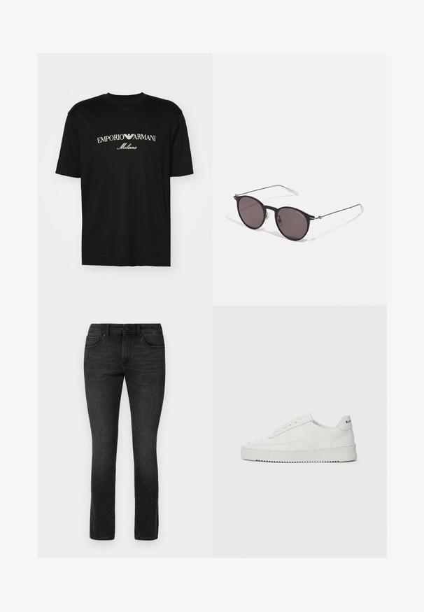 Black cotton T-shirt featuring a round neckline, short sleeves, and "EMPORIO ARMANI" logo in white above "Milano" in a curved design.; Black stretch denim jeans with a straight leg design, five-pocket styling, and a metal button closure at the waistband.; White leather sneaker with a smooth finish, round toe, flat laces, and a textured sole. Features a subtle logo on the heel.; Black round sunglasses with dark lenses and slim metal arms. Includes clear temple tips and silver accents at the hinge. Minimalist design.