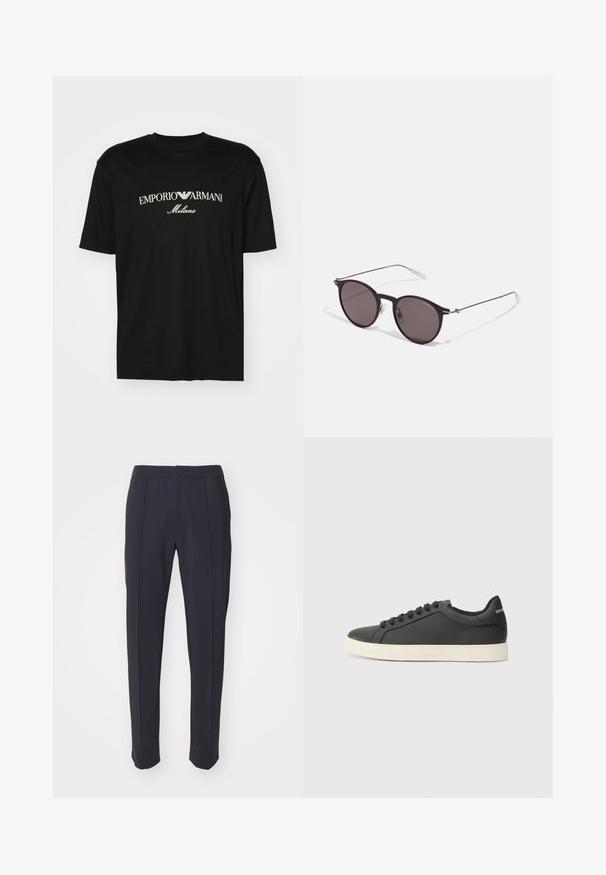 Juodas medvilninis marškinėliai su apvaliu iškirpu, trumpomis rankovėmis ir baltu "EMPORIO ARMANI" logotipu virš "Milano" kreivame dizaino.; Jūrų mėlynės kelnės su pritaikytu dizainu, tiesiu priekiu ir dviem priekinių klostėmis. Pagamintos iš lygaus audinio su standartiniu juosmeniu ir mygtuko uždarymu.; Juodos odinės sportinės bateliai su žemu profiliu, apvaliu pirštu ir raištelių uždarymu; turi tekstūruotą guminį padą ir logotipo detalę ant kulno.; Juodos apvalios saulės akinių su tamsiais lęšiais ir plonomis metalinėmis šakomis. Įtraukti skaidrūs šventyklų galai ir sidabriniai akcentai vyrio srityje. Minimalistinis dizainas.