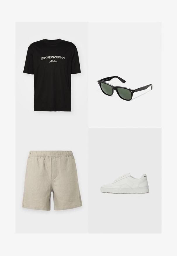Tricou negru din bumbac cu guler rotund, mâneci scurte și logo-ul "EMPORIO ARMANI" în alb deasupra cuvântului "Milano" într-un design curbat.; Pantaloni scurți din in bej deschis cu talie elastică, având croială dreaptă și detalii de cusături laterale. Textură netedă și respirabilă.; Sneakers din piele albă cu un finisaj neted, vârf rotund, șireturi plate și o talpă texturată. Prezintă un logo subtil pe călcâi.; Ochelari de soare din plastic negru cu lentile verzi, rame pătrate, accent argintiu pe sprânceană și brațe texturate. Marca este menționată pe brațul interior.
