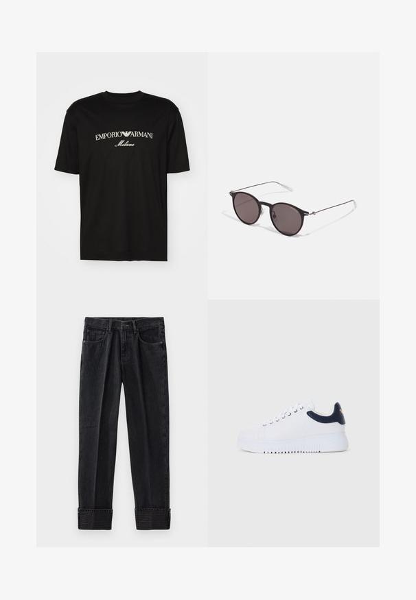 T-shirt de algodão preta com gola redonda, mangas curtas e o logo "EMPORIO ARMANI" em branco acima de "Milano" num design curvo.; Calças de ganga pretas com um corte descontraído, apresentando bainhas dobradas e uma marcação em relevo na bainha. Design clássico de cinco bolsos com costuras em contraste.; Ténis brancos com pormenores em azul-marinho, apresentando uma textura suave, biqueira redonda e sola elevada, detalhados com um logo de lado.; Óculos de sol redondos pretos com lentes escuras e hastes metálicas finas. Inclui pontas de templo transparentes e detalhes em prata na dobradiça. Design minimalista.