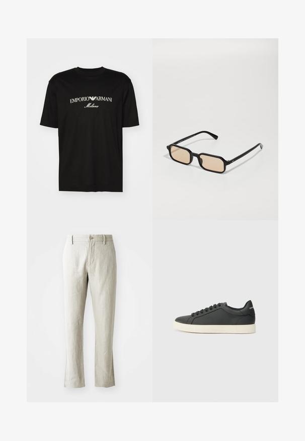 T-shirt en coton noir avec un col rond, des manches courtes et le logo "EMPORIO ARMANI" en blanc au-dessus de "Milano" dans un design incurvé.; Pantalons en lin beige clair à coupe droite, texture subtile, fermeture à bouton devant et deux poches latérales. Conçus pour une silhouette épurée.; Baskets en cuir noir avec un profil bas, bout rond et fermeture lacée ; elles présentent une semelle en caoutchouc texturée et un détail de logo au niveau du talon.; Lunettes de soleil rectangulaires noires avec des verres marron clair, dotées d'une monture épaisse, d'une forme angulaire et d'un subtil accent doré sur les tempes.