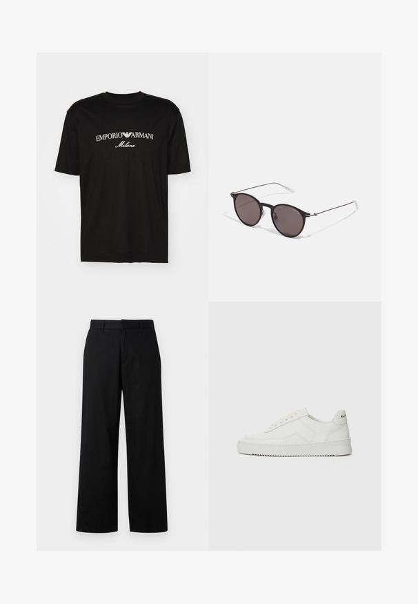 T-shirt en coton noir avec un col rond, des manches courtes et le logo "EMPORIO ARMANI" en blanc au-dessus de "Milano" dans un design incurvé.; Pantalon noir à jambes larges en tissu lisse. Présente une taille plate avec passants de ceinture et une coupe droite, avec un minimum de détails.; Baskets en cuir blanc avec une finition lisse, bout arrondi, lacets plats et semelle texturée. Présente un logo discret sur le talon.; Lunettes de soleil noires rondes avec verres sombres et branches en métal fines. Comprend des embouts transparents et des accents argentés au niveau de la charnière. Design minimaliste.