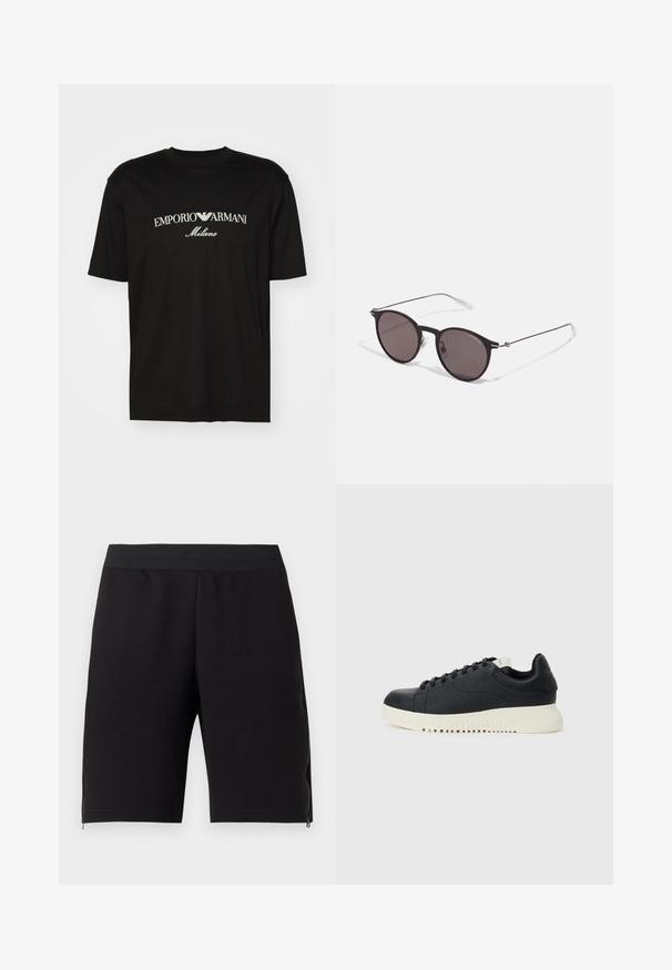 Black cotton T-shirt featuring a round neckline, short sleeves, and "EMPORIO ARMANI" logo in white above "Milano" in a curved design.; Black athletic shorts made of soft fabric, featuring a snug elastic waistband and zippers at the sides for added functionality.; Black textured sneakers with round toes, six lace holes, and white rubber soles featuring horizontal grooves. Minimalist design, no visible logos.; Black round sunglasses with dark lenses and slim metal arms. Includes clear temple tips and silver accents at the hinge. Minimalist design.