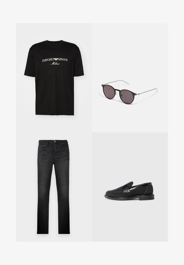 Svart bomulls T-skjorte med rund hals, korte ermer og "EMPORIO ARMANI" logo i hvitt over "Milano" i en buet design.; Sorte denim jeans med rette ben, fem lommer og metallbeslag; glatt tekstur og minimal slitasjedetalj.; Sorte vevde slip-on sko med en glatt lærdetalj på overdelen, design med rund tå og en lavprofil gummisåle.; Sorte, runde solbriller med mørke linser og slanke metalarmer. Inkluderer klare temple tips og sølvfargede detaljer ved hengslet. Minimalistisk design.