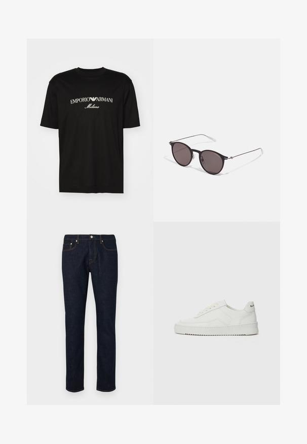 T-shirt de algodão preta com gola redonda, mangas curtas e o logo "EMPORIO ARMANI" em branco acima de "Milano" num design curvo.; Fraldas de ganga escuras com um design de perna reta, apresentando costuras em contraste, estilo de cinco bolsos e um fecho de botão na cintura.; Sapatilha de couro branco com acabamento suave, bico redondo, atacadores planos e uma sola texturizada. Apresenta um logotipo discreto no calcanhar.; Óculos de sol redondos pretos com lentes escuras e hastes metálicas finas. Inclui pontas de templo transparentes e detalhes em prata na dobradiça. Design minimalista.