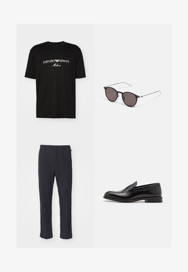 Camiseta de algodón negra con cuello redondo, mangas cortas y el logo de "EMPORIO ARMANI" en blanco sobre "Milano" en un diseño curvado.; Pantalones negros con plisados de tejido texturizado, con un diseño de pierna recta y cinturilla estándar. Sin bolsillos visibles ni herrajes.; Mocasines de cuero negro con una textura suave, puntera redondeada y una tira decorativa en el empeine. Tacón bajo apilado, diseño minimalista.; Gafas de sol redondas negras con lentes oscuros y brazos metálicos delgados. Incluye puntas de varilla transparentes y acentos plateados en la bisagra. Diseño minimalista.