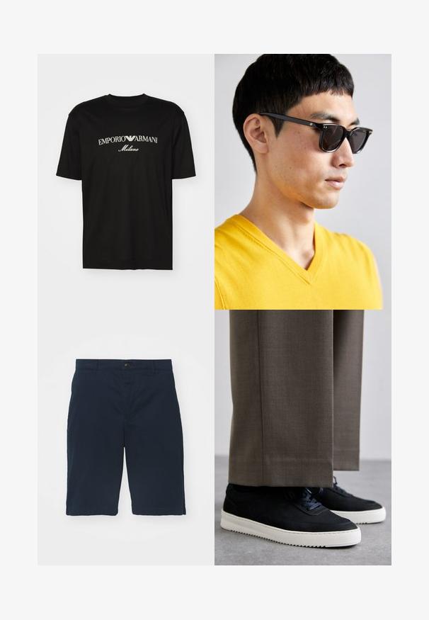 Zwarte katoenen T-shirt met een ronde halslijn, korte mouwen en het "EMPORIO ARMANI" logo in het wit boven "Milano" in een gebogen ontwerp.; Marineblauwe shorts van katoen met een platte voorkant, knoopsluiting en zijzakken. Knielengte met een gladde textuur en nette naden.; Zwarte suède sneakers met witte rubberen zolen, voorzien van een ronde neus en veters, gedragen met grijze tailored broek.; Zonnebril met zwarte montuur en donkere lenzen. Opvallende details zijn kleine gouden accenten op de scharnieren en een rechthoekige vorm.