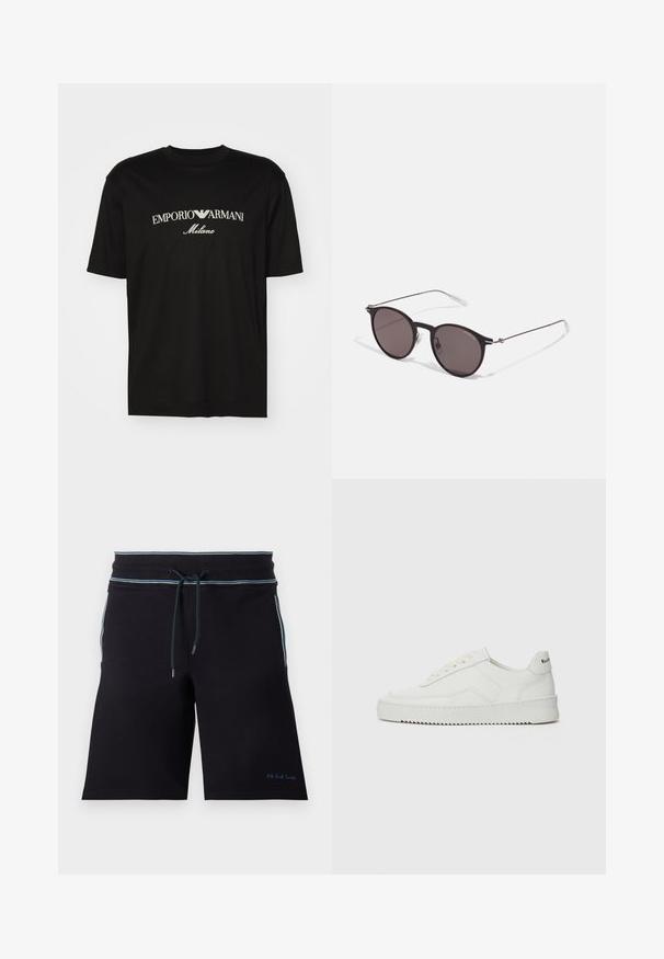 Black cotton T-shirt featuring a round neckline, short sleeves, and "EMPORIO ARMANI" logo in white above "Milano" in a curved design.; Black shorts with a drawstring waist, featuring blue accents along the sides, made of soft material. Logo embroidered on the lower hem.; White leather sneaker with a smooth finish, round toe, flat laces, and a textured sole. Features a subtle logo on the heel.; Black round sunglasses with dark lenses and slim metal arms. Includes clear temple tips and silver accents at the hinge. Minimalist design.