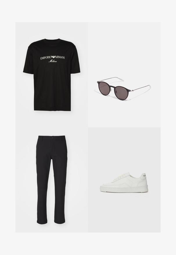 Black cotton T-shirt featuring a round neckline, short sleeves, and "EMPORIO ARMANI" logo in white above "Milano" in a curved design.; Black trousers made from a smooth fabric, featuring a button fastening, a slim straight fit, and no visible patterns or accents.; White leather sneaker with a smooth finish, round toe, flat laces, and a textured sole. Features a subtle logo on the heel.; Black round sunglasses with dark lenses and slim metal arms. Includes clear temple tips and silver accents at the hinge. Minimalist design.
