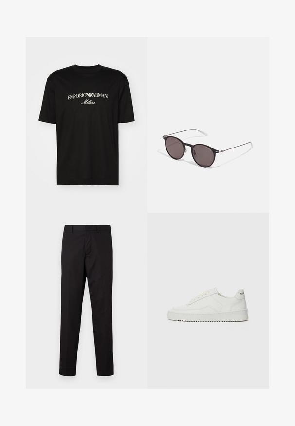 T-shirt de algodão preta com gola redonda, mangas curtas e o logo "EMPORIO ARMANI" em branco acima de "Milano" num design curvo.; Calças pretas com um tecido liso e leve. Apresentam um desenho de corte reto, passadores de cinto e uma frente plana com fecho de correr.; Sapatilha de couro branco com acabamento suave, bico redondo, atacadores planos e uma sola texturizada. Apresenta um logotipo discreto no calcanhar.; Óculos de sol redondos pretos com lentes escuras e hastes metálicas finas. Inclui pontas de templo transparentes e detalhes em prata na dobradiça. Design minimalista.