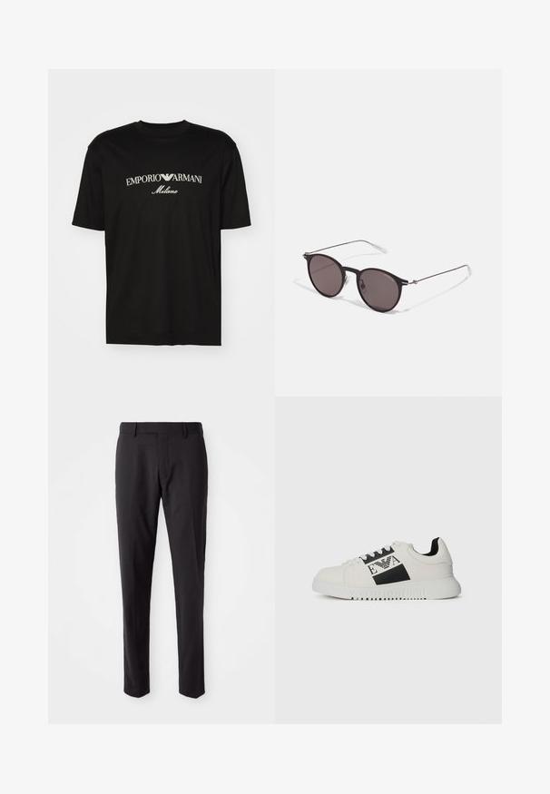 Svart bomull T-shirt med rund halsringning, korta ärmar och "EMPORIO ARMANI" logotyp i vitt ovanför "Milano" i en rundad design.; Svarta skräddarsydda byxor med platt front, smal passform, bältesöglor och en jämn struktur. Lämpliga för formella eller affärsmässiga kläder.; Vit sneaker med svart logotyp och detaljer, slät läderövre, rund tå, strukturerad sula och kontrasterande svart häl detaljer.; Svarta runda solglasögon med mörka linser och smala metallarmar. Inkluderar klara tempeltips och silverdetaljer vid gångjärnet. Minimalistisk design.