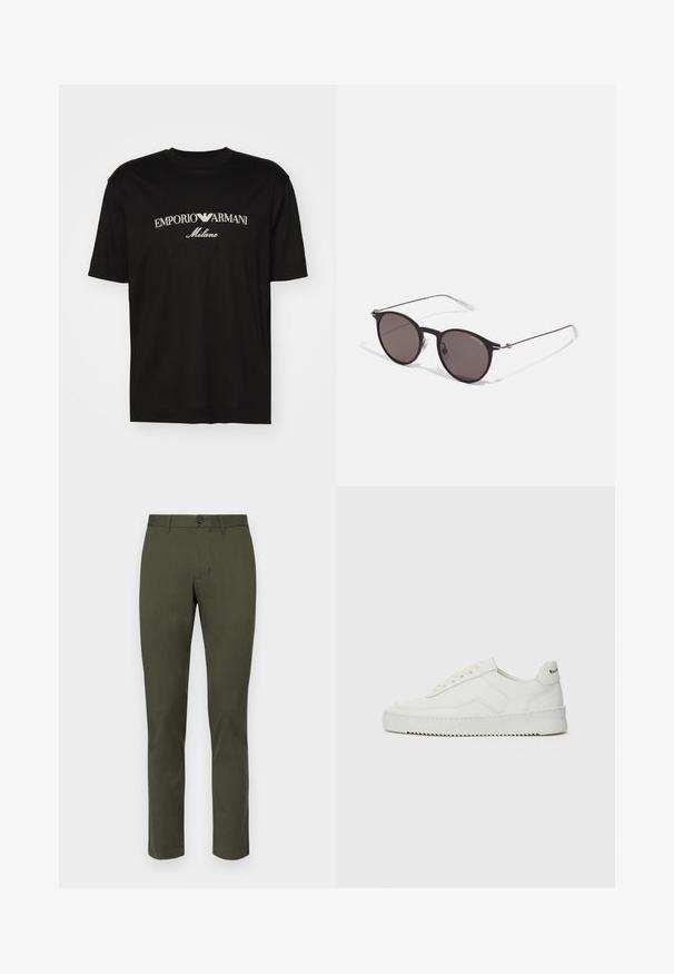 Czarny bawełniany T-shirt z okrągłym dekoltem, krótkimi rękawami oraz białym logo "EMPORIO ARMANI" nad napisem "Milano" w zakrzywionym kształcie.; Oliwkowe spodnie wykonane z gładkiej tkaniny, o prostym kroju, z zapięciem na guziki z przodu oraz minimalistycznym wzornictwie bez wzorów.; Białe skórzane sneakersy o gładkim wykończeniu, okrągłym nosku, płaskich sznurówkach i teksturowanej podeszwie. Charakteryzują się delikatnym logo na pięcie.; Czarne okrągłe okulary przeciwsłoneczne z ciemnymi soczewkami i smukłymi metalowymi ramkami. Zawierają przezroczyste końcówki zauszników oraz srebrne akcenty przy zawiasie. Minimalistyczny design.