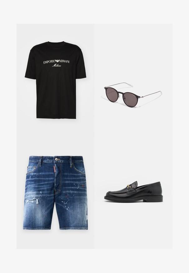 Camiseta de algodón negra con cuello redondo, mangas cortas y el logo de "EMPORIO ARMANI" en blanco sobre "Milano" en un diseño curvado.; Bermudas de mezclilla con un lavado azul oscuro, que presentan manchas de pintura, áreas desgastadas y un cierre de cremallera con botón de metal.; Mocasines de cuero negro con punta redondeada, que cuentan con un detalle de herrajes dorados y costuras, situados sobre una suela de goma texturizada y baja.; Gafas de sol redondas negras con lentes oscuros y brazos metálicos delgados. Incluye puntas de varilla transparentes y acentos plateados en la bisagra. Diseño minimalista.