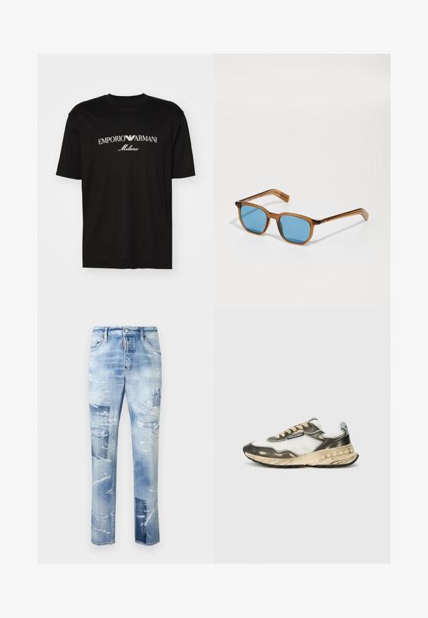 Svart bomull T-shirt med rund halsringning, korta ärmar och "EMPORIO ARMANI" logotyp i vitt ovanför "Milano" i en rundad design.; Ljust blå slitna denimjeans med hål, rak byxdesign och fransade fållar. Har metalldetaljer och standard femfickorsdesign.; Sporter skor med ovandel i vitt mesh och grå läder, beige snören, svart gummisula, samt ett lager på lager-design med texturerade detaljer.; Bruna plastbågade solglasögon med blå linser, fyrkantig form, tunna rejäla armar, texturerade detaljer vid templet och en polerad yta.