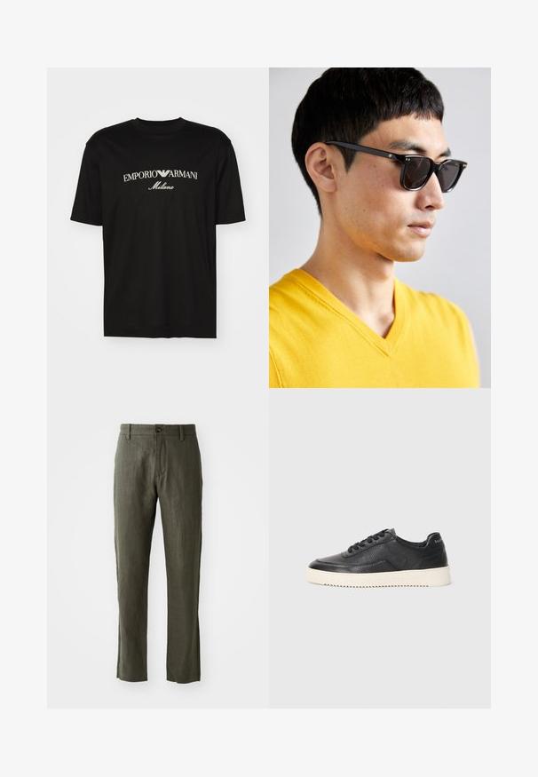 Zwarte katoenen T-shirt met een ronde halslijn, korte mouwen en het "EMPORIO ARMANI" logo in het wit boven "Milano" in een gebogen ontwerp.; Olijfgroene linnen broek met een rechte snit, voorzien van een knoopsluiting aan de voorkant en zijzakken. De stof heeft een gestructureerde uitstraling.; Zwarte leren sneaker met een gestructureerde afwerking, ronde neus en platte witte rubberen zool. Voorzien van zwarte veters en merklabel op de hiel.; Zonnebril met zwarte montuur en donkere lenzen. Opvallende details zijn kleine gouden accenten op de scharnieren en een rechthoekige vorm.