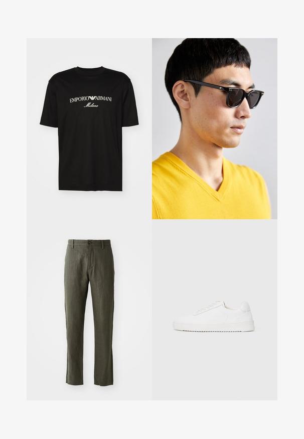 T-shirt en coton noir avec un col rond, des manches courtes et le logo "EMPORIO ARMANI" en blanc au-dessus de "Milano" dans un design incurvé.; Pantalons en lin vert olive avec une coupe droite, dotés d'une fermeture à bouton à l'avant et de poches latérales. Le tissu a une apparence texturée.; Sneaker blanc avec une tige en cuir lisse, bout rond, lacets, accents latéraux texturés et une épaisse semelle en caoutchouc. Design minimaliste.; Lunettes de soleil avec des montures noires et des verres foncés. Les détails notables incluent de petites accents dorés sur les charnières et une forme rectangulaire.