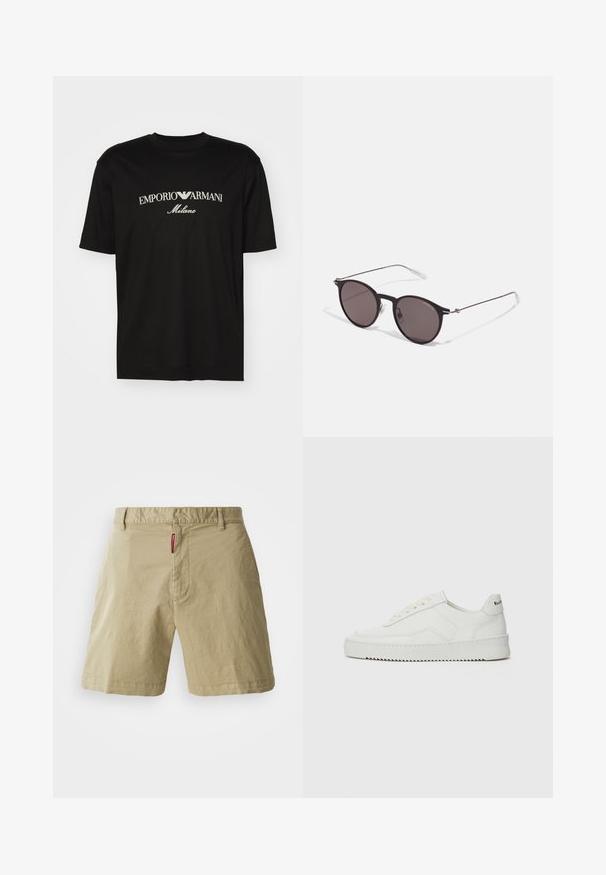 T-shirt en coton noir avec un col rond, des manches courtes et le logo "EMPORIO ARMANI" en blanc au-dessus de "Milano" dans un design incurvé.; Shorts en coton beige avec une coupe plate, fermeture à bouton et passants de ceinture. Présente une texture subtile et une petite étiquette de marque rouge sur la taille.; Baskets en cuir blanc avec une finition lisse, bout arrondi, lacets plats et semelle texturée. Présente un logo discret sur le talon.; Lunettes de soleil noires rondes avec verres sombres et branches en métal fines. Comprend des embouts transparents et des accents argentés au niveau de la charnière. Design minimaliste.