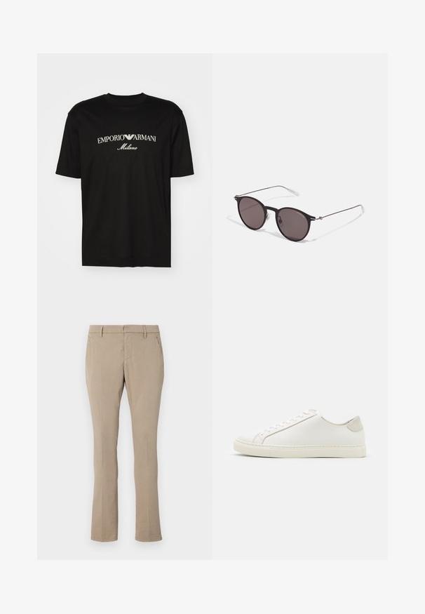 Black cotton T-shirt featuring a round neckline, short sleeves, and "EMPORIO ARMANI" logo in white above "Milano" in a curved design.; Beige trousers made of cotton blend, featuring a slim fit, straight leg design, front pockets, and a zip fly with button closure.; White leather sneaker with a smooth surface, round toe, and minimalistic design. Features beige accents on the heel and a rubber sole.; Black round sunglasses with dark lenses and slim metal arms. Includes clear temple tips and silver accents at the hinge. Minimalist design.