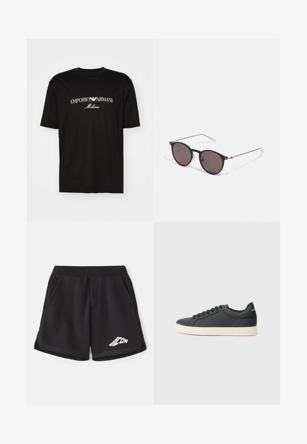 Sort bomulds T-shirt med rund halsudskæring, korte ærmer og "EMPORIO ARMANI" logo i hvid over "Milano" i et buet design.; Sorte atletiske shorts lavet af blødt stof med elastisk talje. Med sidelommer og et hvidt logo foran.; Sort lædersneaker med lav profil, rund tå og snørelukning; har en struktureret gummisål og logo-detalje på hælen.; Sorte runde solbriller med mørke linser og slanke metalarme. Inkluderer klare tempeltips og sølvdetaljer ved hængslet. Minimalistisk design.