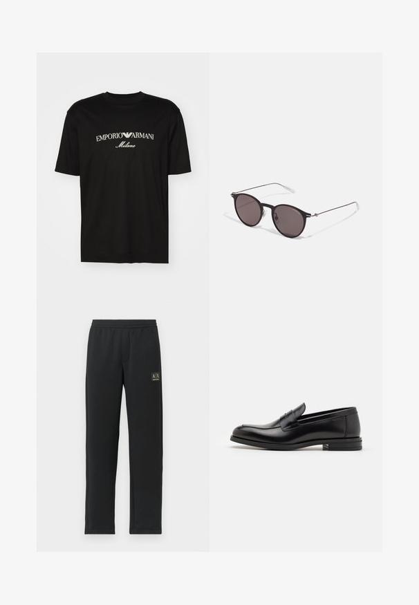 Sort bomulds T-shirt med rund halsudskæring, korte ærmer og "EMPORIO ARMANI" logo i hvid over "Milano" i et buet design.; Sorte sweatpants med lige ben, elastisk talje og sort logo-patch på venstre lår.; Sorte læderloafers med en glat overflade, rund tå og en dekorativ strop over vampen. Lav hæl med stabeldesign, minimalistisk stil.; Sorte runde solbriller med mørke linser og slanke metalarme. Inkluderer klare tempeltips og sølvdetaljer ved hængslet. Minimalistisk design.