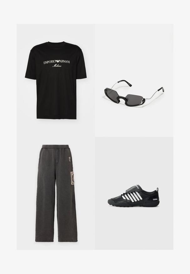 T-shirt en coton noir avec un col rond, des manches courtes et le logo "EMPORIO ARMANI" en blanc au-dessus de "Milano" dans un design incurvé.; Pantalons larges en tissu gris foncé, avec un patch décoratif sur la poche avant et une taille élastique pour le confort.; Baskets de sport noires avec un dessus texturé, accents à rayures blanches, col rembourré et semelle en caoutchouc noire. Comprend une languette et un détail "1964".; Lunettes de soleil noires avec une forme de bouclier unique, dotées de verres sombres et de branches fines en métal argenté. Les montures ont des accents arrondis et un design audacieux.