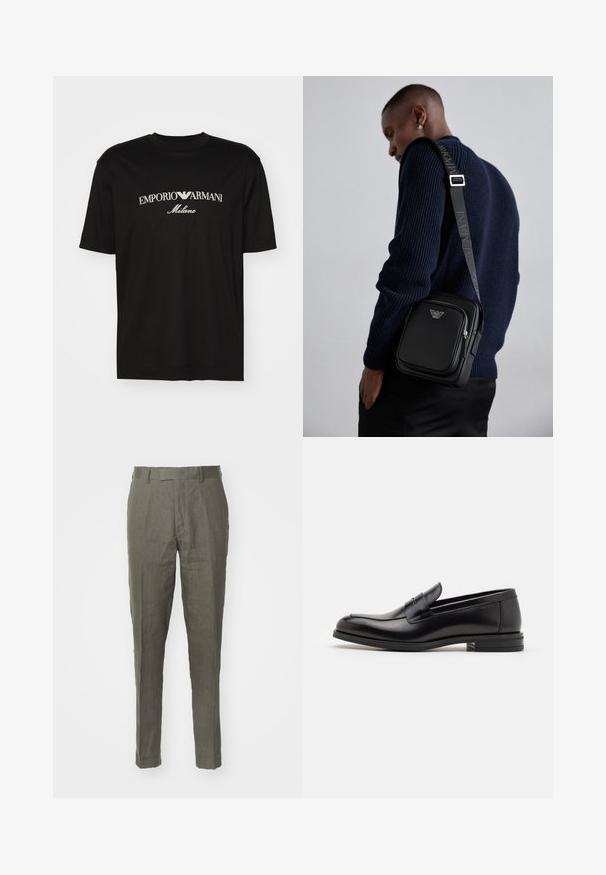 Must must T-särk, millel on ümmargune kaelus, lühikesed варст и väljend "EMPORIO ARMANI" valgete tähtedega, mille all on kõveras kujunduses sõna "Milano".; Tiger of Sweden TENUTA - Püksid - thyme; Mustad mustad nahast loafers sileda tekstuuriga, ümarat ninaosa ja dekoratiivne riba vampi üle. Madal kihiline konts, minimalistlik disain.; Must mustast nahkrist kotti, millel on lukkudega sektsioon, logo detail ja bränditud reguleeritav rihm. Kanda tekstuurse tumesinise sviitri vastu.