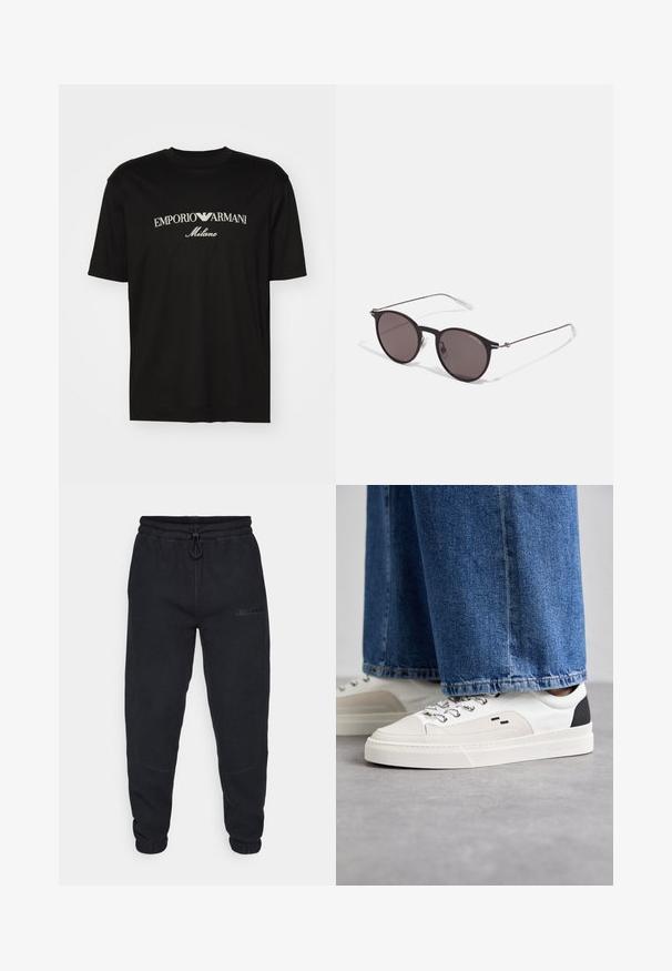 Zwarte katoenen T-shirt met een ronde halslijn, korte mouwen en het "EMPORIO ARMANI" logo in het wit boven "Milano" in een gebogen ontwerp.; Burton CINDER - Trainingsbroek - true black; Witte en zwarte sneakers met een glad leren bovenwerk, textuuraccenten en een chunky witte zool. Heeft een klassiek vetersluiting ontwerp.; Zwarte ronde zonnebril met donkere lenzen en slanke metalen armen. Inclusief heldere tempelpunten en zilveren accenten bij de scharnier. Minimalistisch ontwerp.