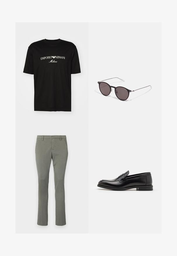 Black cotton T-shirt featuring a round neckline, short sleeves, and "EMPORIO ARMANI" logo in white above "Milano" in a curved design.; Gray chinos with a straight leg design, featuring two side pockets and a clean waistband. Made from a smooth, lightweight fabric.; Black leather loafers with a smooth texture, rounded toe, and a decorative strap across the vamp. Low stacked heel, minimalist design.; Black round sunglasses with dark lenses and slim metal arms. Includes clear temple tips and silver accents at the hinge. Minimalist design.