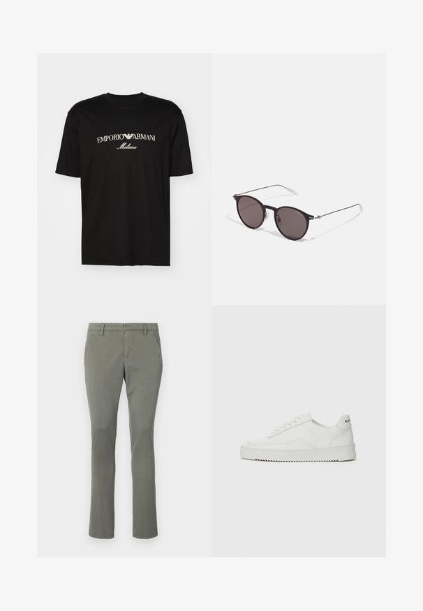 Black cotton T-shirt featuring a round neckline, short sleeves, and "EMPORIO ARMANI" logo in white above "Milano" in a curved design.; Gray chinos with a straight leg design, featuring two side pockets and a clean waistband. Made from a smooth, lightweight fabric.; White leather sneaker with a smooth finish, round toe, flat laces, and a textured sole. Features a subtle logo on the heel.; Black round sunglasses with dark lenses and slim metal arms. Includes clear temple tips and silver accents at the hinge. Minimalist design.