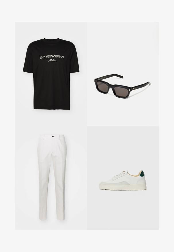 Juodas medvilninis marškinėliai su apvaliu iškirpu, trumpomis rankovėmis ir baltu "EMPORIO ARMANI" logotipu virš "Milano" kreivame dizaino.; Balti keliai, pagaminti iš lygaus audinio, su tiesaus kirpimo fasonu, turintys vieną juodą mygtuką juosmens srityje ir šonines kišenes.; Baltos sportbačiai su zomšos akcentais, apvaliu nosiu, plokščiais raišteliais ir kreminės spalvos guminiu padu. Ant kulno yra žalia ženklinimo detalė.; Juodos stačiakampės akinių nuo saulės su tamsiais objektyvais, storu plastiko rėmu, auksinėmis detalėmis ant šventyklų ir prekės ženklo logotipu išgraviruotu ant šono.